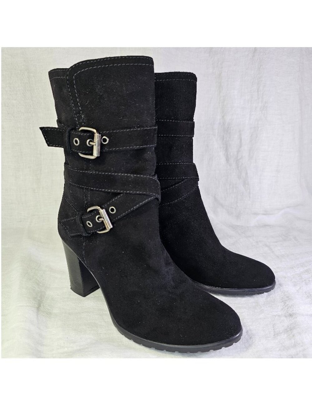 Italian Made 3” Block Heel Buckle Strap Black Suede Ankle Boots EU36 US6